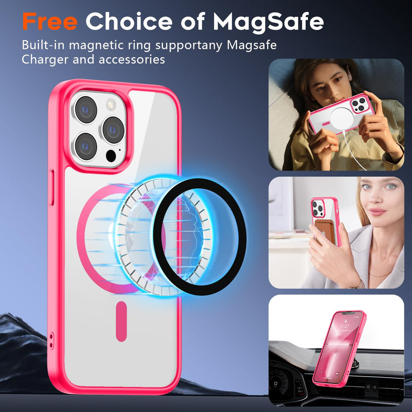 SUPFINE Magnetic for iPhone 13 case & iPhone 14 case, [Compatible with MagSafe][Clear Hard Back with Soft TPU Frame][12FT Military Grade Drop Protection] Shockproof Phone Case,Clear Pink - 7DAY'S