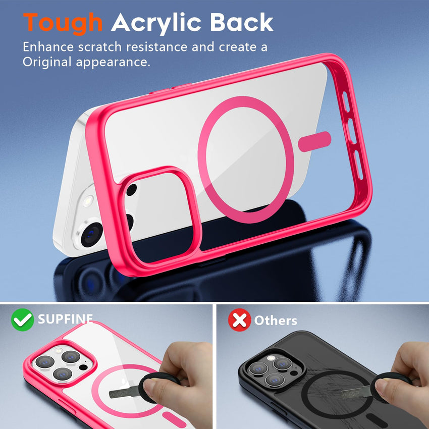 SUPFINE Magnetic for iPhone 13 case & iPhone 14 case, [Compatible with MagSafe][Clear Hard Back with Soft TPU Frame][12FT Military Grade Drop Protection] Shockproof Phone Case,Clear Pink - 7DAY'S