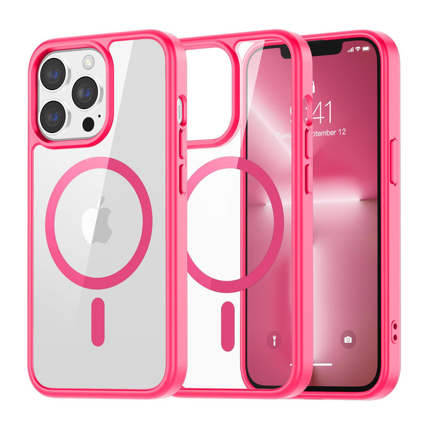 SUPFINE Magnetic for iPhone 13 case & iPhone 14 case, [Compatible with MagSafe][Clear Hard Back with Soft TPU Frame][12FT Military Grade Drop Protection] Shockproof Phone Case,Clear Pink - 7DAY'S