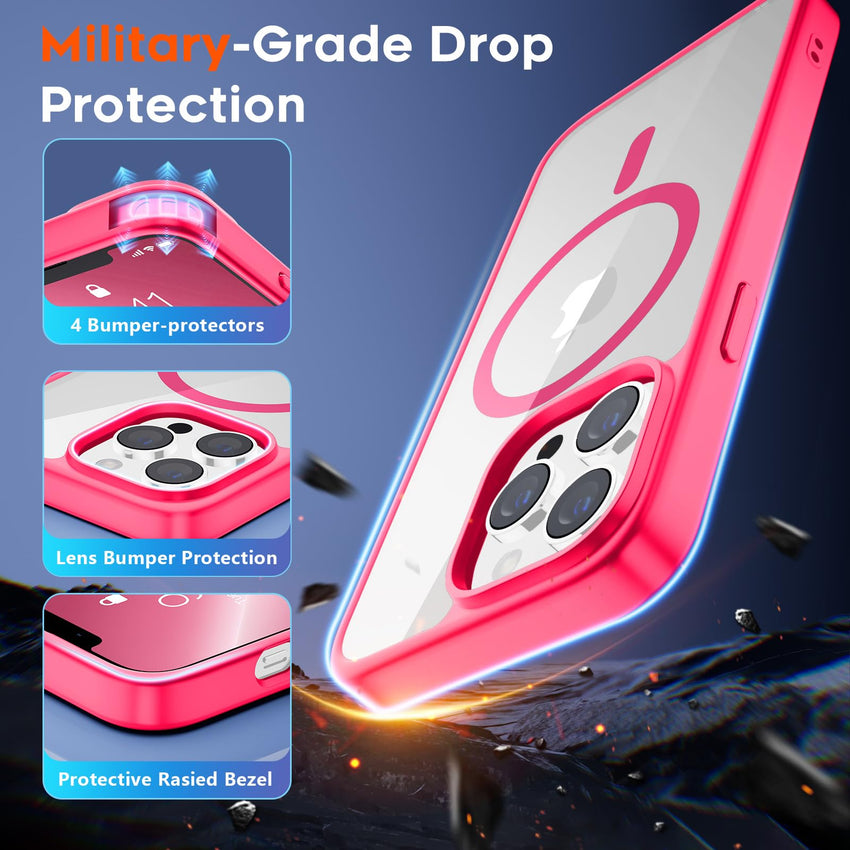 SUPFINE Magnetic for iPhone 13 case & iPhone 14 case, [Compatible with MagSafe][Clear Hard Back with Soft TPU Frame][12FT Military Grade Drop Protection] Shockproof Phone Case,Clear Pink - 7DAY'S