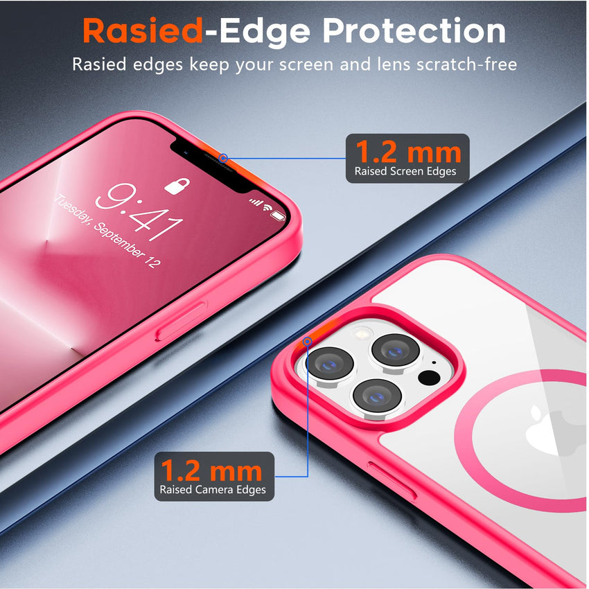 SUPFINE Magnetic for iPhone 13 case & iPhone 14 case, [Compatible with MagSafe][Clear Hard Back with Soft TPU Frame][12FT Military Grade Drop Protection] Shockproof Phone Case,Clear Pink - 7DAY'S