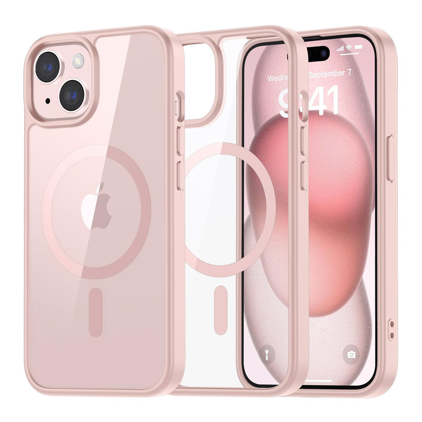 SUPFINE Magnetic for iPhone 13 case & iPhone 14 case, [Compatible with MagSafe][Clear Hard Back with Soft TPU Frame][12FT Military Grade Drop Protection] Shockproof Phone Case,Clear Pink - 7DAY'S