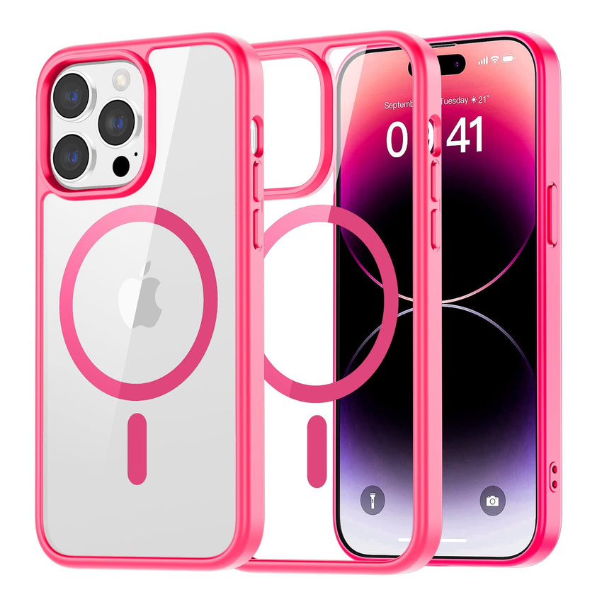 SUPFINE Magnetic for iPhone 13 case & iPhone 14 case, [Compatible with MagSafe][Clear Hard Back with Soft TPU Frame][12FT Military Grade Drop Protection] Shockproof Phone Case,Clear Pink - 7DAY'S