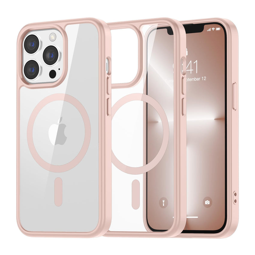 SUPFINE Magnetic for iPhone 13 case & iPhone 14 case, [Compatible with MagSafe][Clear Hard Back with Soft TPU Frame][12FT Military Grade Drop Protection] Shockproof Phone Case,Clear Pink - 7DAY'S
