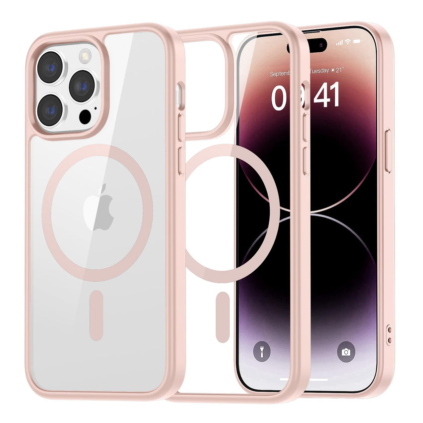 SUPFINE Magnetic for iPhone 13 case & iPhone 14 case, [Compatible with MagSafe][Clear Hard Back with Soft TPU Frame][12FT Military Grade Drop Protection] Shockproof Phone Case,Clear Pink - 7DAY'S
