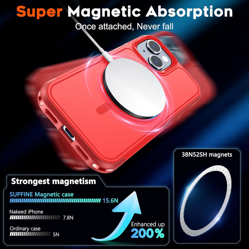 SUPFINE Magnetic for iPhone 15 Case, [Compatible with MagSafe] [15FT Military Grade Drop Protection] with [2pcs Tempered Glass Screen Protectors] Heavy Duty Shockproof Phone Case, Red - 7DAY'S