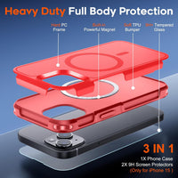 SUPFINE Magnetic for iPhone 15 Case, [Compatible with MagSafe] [15FT Military Grade Drop Protection] with [2pcs Tempered Glass Screen Protectors] Heavy Duty Shockproof Phone Case, Red - 7DAY'S