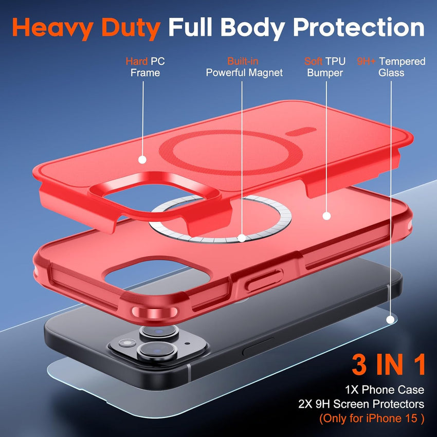 SUPFINE Magnetic for iPhone 15 Case, [Compatible with MagSafe] [15FT Military Grade Drop Protection] with [2pcs Tempered Glass Screen Protectors] Heavy Duty Shockproof Phone Case, Red - 7DAY'S
