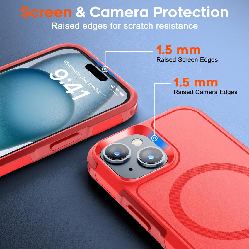 SUPFINE Magnetic for iPhone 15 Case, [Compatible with MagSafe] [15FT Military Grade Drop Protection] with [2pcs Tempered Glass Screen Protectors] Heavy Duty Shockproof Phone Case, Red - 7DAY'S
