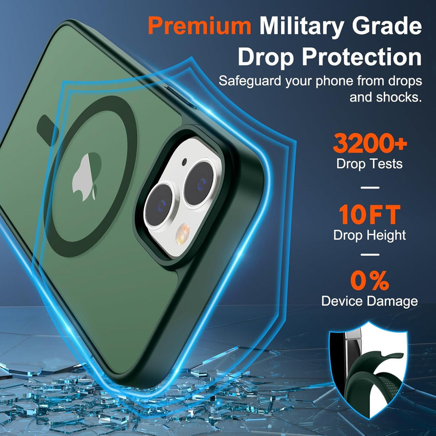 SUPFINE Magnetic for iPhone 15 Plus Case & iPhone 14 Plus Case(Compatible with MagSafe)(10 FT Military Grade Drop Protection) Slim Translucent Shockproof Phone Case,Forest Green - 7DAY'S