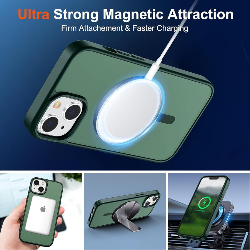 SUPFINE Magnetic for iPhone 15 Plus Case & iPhone 14 Plus Case(Compatible with MagSafe)(10 FT Military Grade Drop Protection) Slim Translucent Shockproof Phone Case,Forest Green - 7DAY'S
