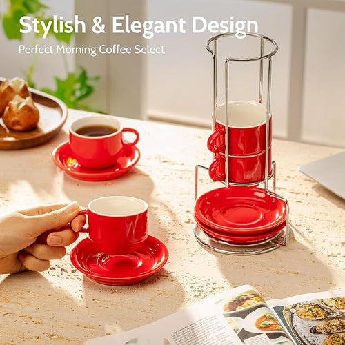 Sweese 4 Ounce Porcelain Stackable Espresso Cups With Saucers And Metal Stand Set Of 4, Red - 7DAY'S