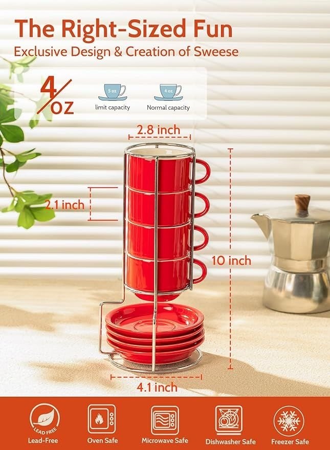 Sweese 4 Ounce Porcelain Stackable Espresso Cups With Saucers And Metal Stand Set Of 4, Red - 7DAY'S