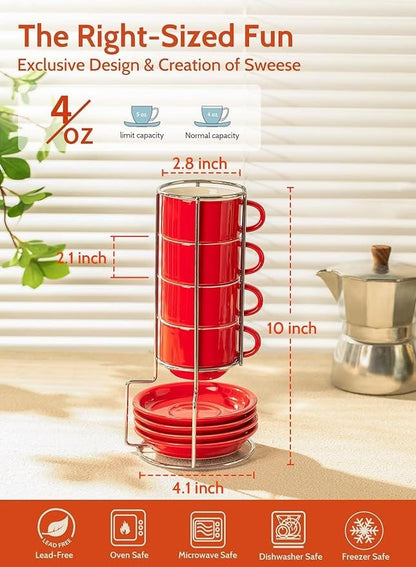 Sweese 4 Ounce Porcelain Stackable Espresso Cups With Saucers And Metal Stand Set Of 4, Red - 7DAY'S