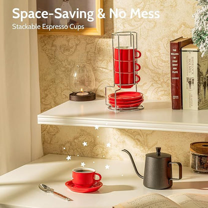 Sweese 4 Ounce Porcelain Stackable Espresso Cups With Saucers And Metal Stand Set Of 4, Red - 7DAY'S