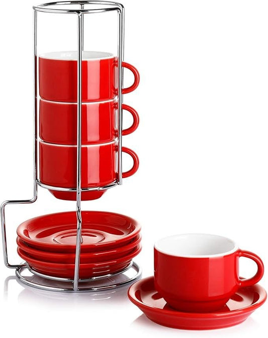 Sweese 4 Ounce Porcelain Stackable Espresso Cups With Saucers And Metal Stand Set Of 4, Red - 7DAY'S
