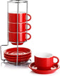 Sweese 4 Ounce Porcelain Stackable Espresso Cups With Saucers And Metal Stand Set Of 4, Red - 7DAY'S