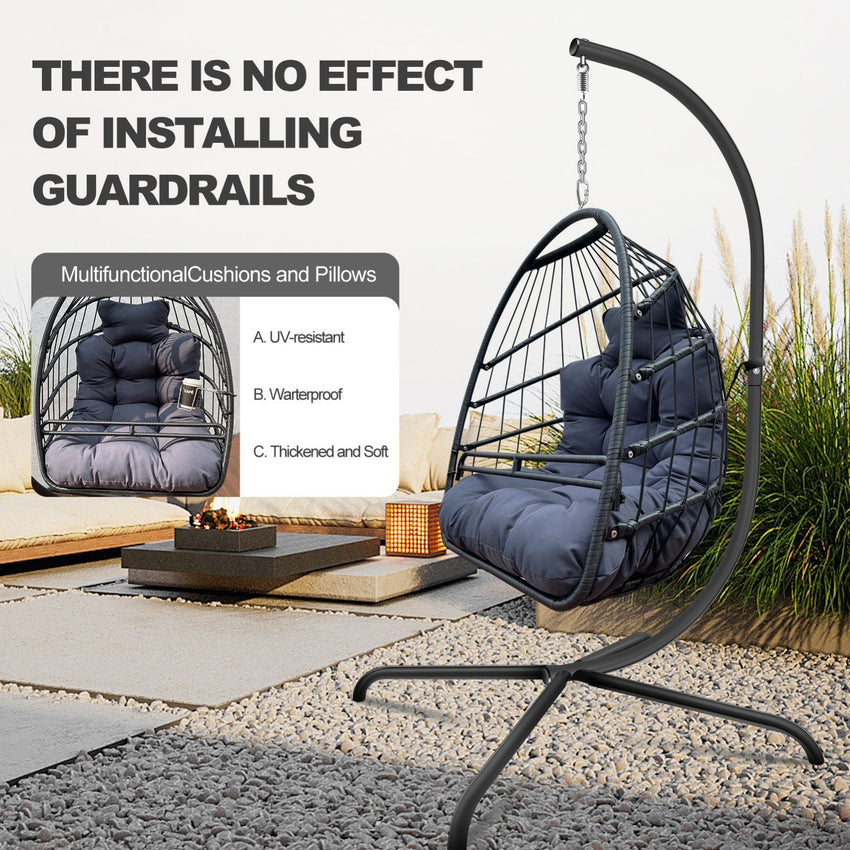 Swing Egg Chair With Stand Indoor Outdoor, UV Resistant Cushion Hanging Chair With Guardrail And Cup Holder, Anti - Rust Foldable Aluminum Frame Hammock Chair, 350lbs Capacity For Porch Backyard - 7DAY'S