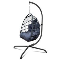 Swing Egg Chair With Stand Indoor Outdoor, UV Resistant Cushion Hanging Chair With Guardrail And Cup Holder, Anti - Rust Foldable Aluminum Frame Hammock Chair, 350lbs Capacity For Porch Backyard - 7DAY'S