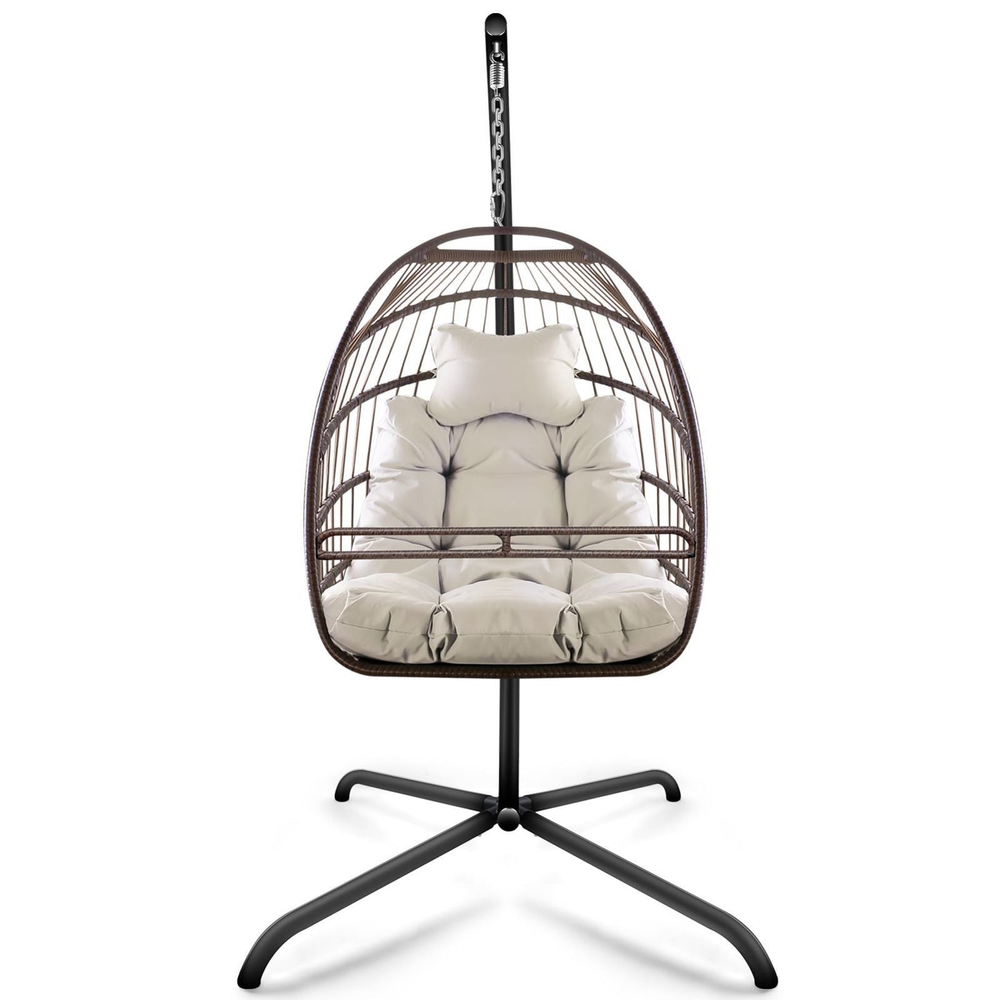 Swing Egg Chair With Stand Indoor Outdoor, UV Resistant Cushion Hanging Chair With Guardrail And Cup Holder, Anti - Rust Foldable Aluminum Frame Hammock Chair, 350lbs Capacity For Porch Backyard - 7DAY'S