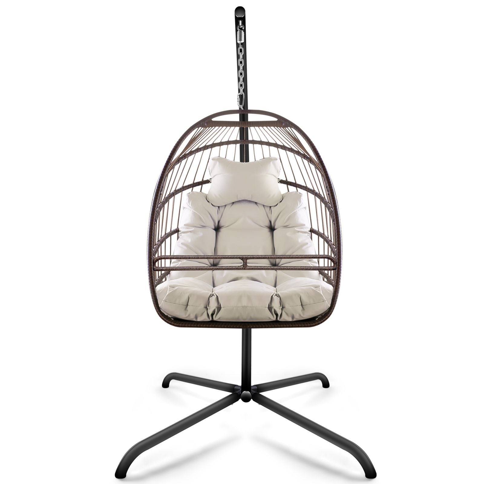 Swing Egg Chair With Stand Indoor Outdoor, UV Resistant Cushion Hanging Chair With Guardrail And Cup Holder, Anti - Rust Foldable Aluminum Frame Hammock Chair, 350lbs Capacity For Porch Backyard - 7DAY'S