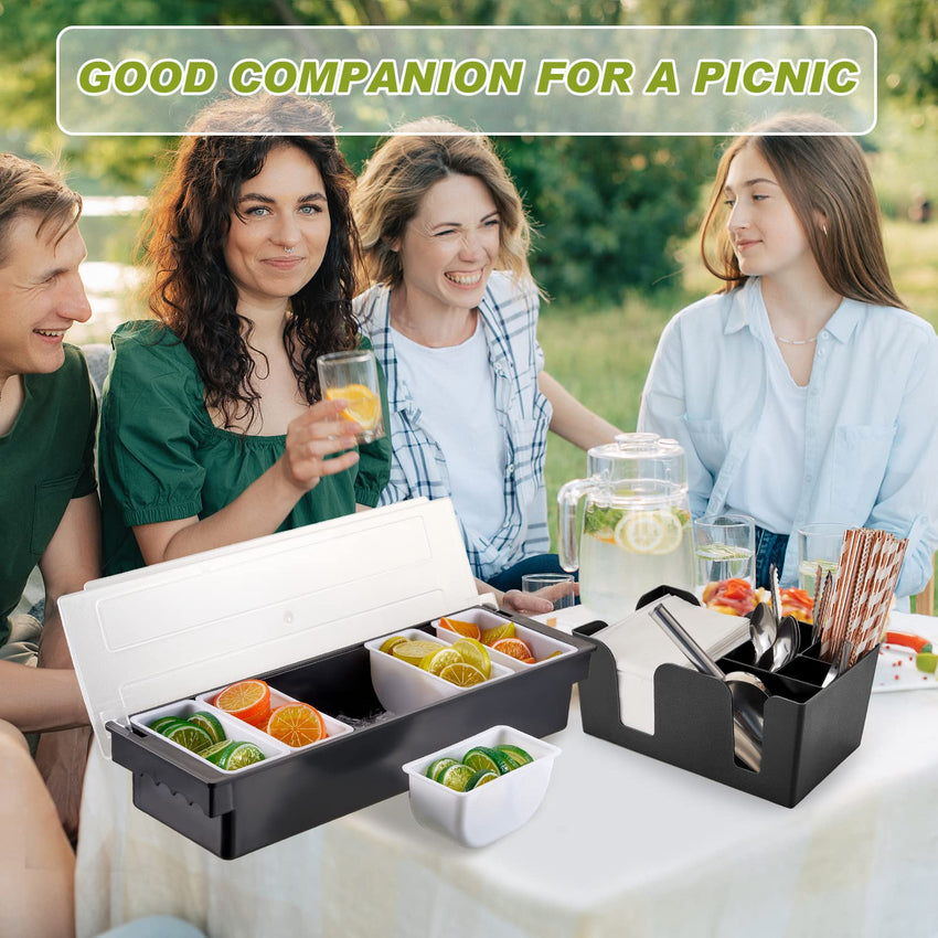 Tessco for you Garnish Tray with Lid Bar Caddy Ice Cooled Condiment Serving Container with Ice Scoop Metal Mini Serving Tongs Fruit Fork Spoons for Food Home Party Kitchen(Plastic,4 Grids) - 7DAY'S