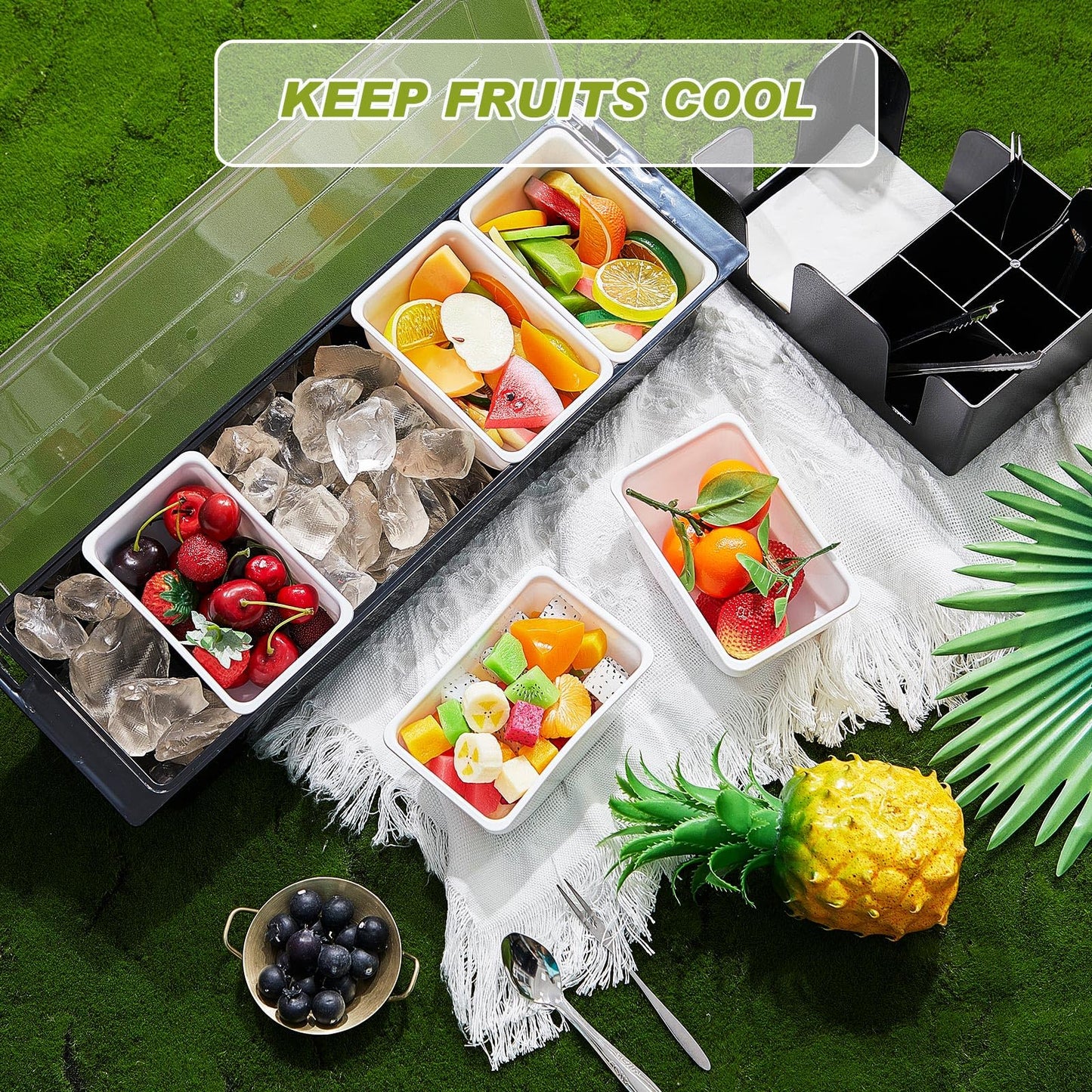 Tessco for you Garnish Tray with Lid Bar Caddy Ice Cooled Condiment Serving Container with Ice Scoop Metal Mini Serving Tongs Fruit Fork Spoons for Food Home Party Kitchen(Plastic,4 Grids) - 7DAY'S