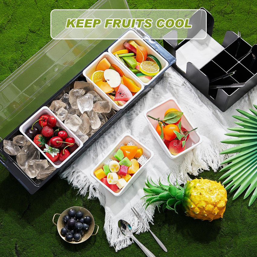 Tessco for you Garnish Tray with Lid Bar Caddy Ice Cooled Condiment Serving Container with Ice Scoop Metal Mini Serving Tongs Fruit Fork Spoons for Food Home Party Kitchen(Plastic,4 Grids) - 7DAY'S