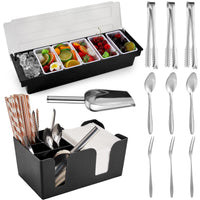 Tessco for you Garnish Tray with Lid Bar Caddy Ice Cooled Condiment Serving Container with Ice Scoop Metal Mini Serving Tongs Fruit Fork Spoons for Food Home Party Kitchen(Plastic,4 Grids) - 7DAY'S