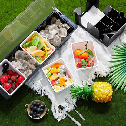 Tessco for you Garnish Tray with Lid Bar Caddy Ice Cooled Condiment Serving Container with Ice Scoop Metal Mini Serving Tongs Fruit Fork Spoons for Food Home Party Kitchen(Plastic,4 Grids) - 7DAY'S