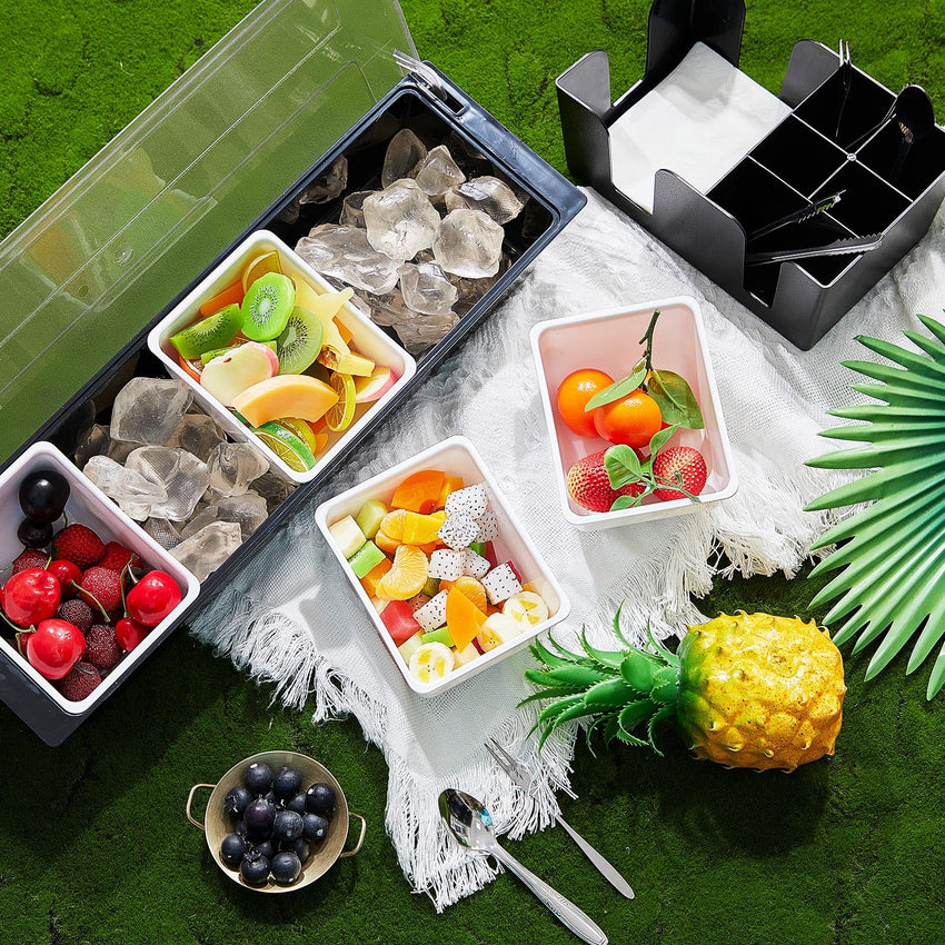 Tessco for you Garnish Tray with Lid Bar Caddy Ice Cooled Condiment Serving Container with Ice Scoop Metal Mini Serving Tongs Fruit Fork Spoons for Food Home Party Kitchen(Plastic,4 Grids) - 7DAY'S