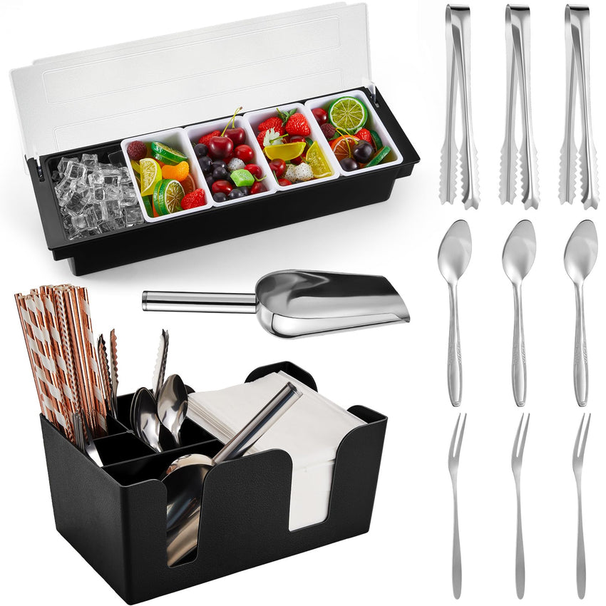 Tessco for you Garnish Tray with Lid Bar Caddy Ice Cooled Condiment Serving Container with Ice Scoop Metal Mini Serving Tongs Fruit Fork Spoons for Food Home Party Kitchen(Plastic,4 Grids) - 7DAY'S