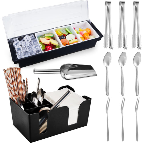 Tessco for you Garnish Tray with Lid Bar Caddy Ice Cooled Condiment Serving Container with Ice Scoop Metal Mini Serving Tongs Fruit Fork Spoons for Food Home Party Kitchen(Plastic,4 Grids) - 7DAY'S