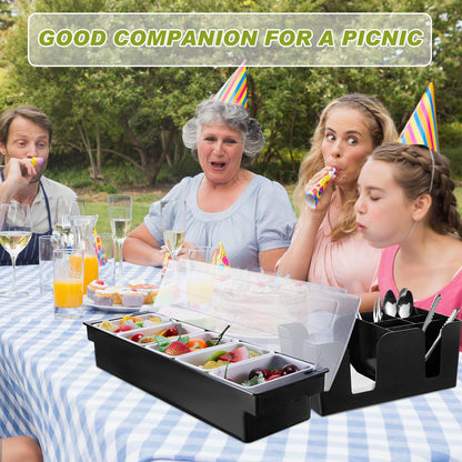 Tessco for you Garnish Tray with Lid Bar Caddy Ice Cooled Condiment Serving Container with Ice Scoop Metal Mini Serving Tongs Fruit Fork Spoons for Food Home Party Kitchen(Plastic,4 Grids) - 7DAY'S