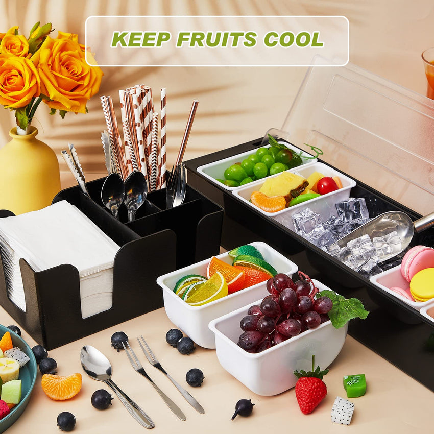 Tessco for you Garnish Tray with Lid Bar Caddy Ice Cooled Condiment Serving Container with Ice Scoop Metal Mini Serving Tongs Fruit Fork Spoons for Food Home Party Kitchen(Plastic,4 Grids) - 7DAY'S