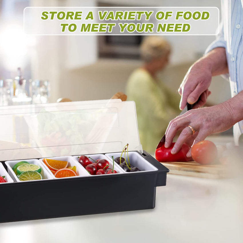 Tessco for you Garnish Tray with Lid Bar Caddy Ice Cooled Condiment Serving Container with Ice Scoop Metal Mini Serving Tongs Fruit Fork Spoons for Food Home Party Kitchen(Plastic,4 Grids) - 7DAY'S