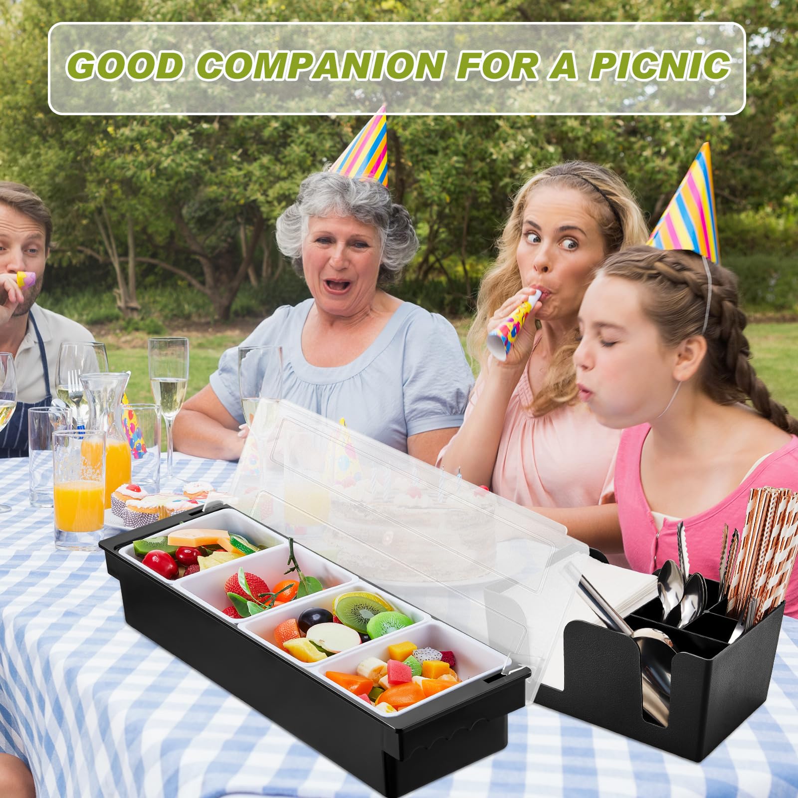 Tessco for you Garnish Tray with Lid Bar Caddy Ice Cooled Condiment Serving Container with Ice Scoop Metal Mini Serving Tongs Fruit Fork Spoons for Food Home Party Kitchen(Plastic,4 Grids) - 7DAY'S
