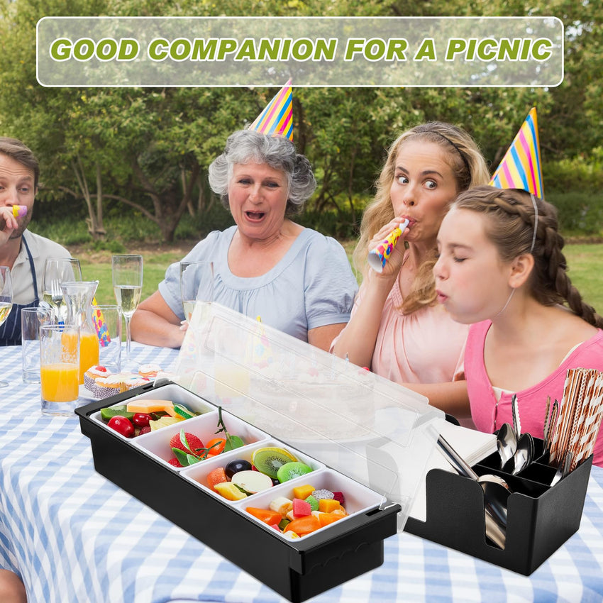 Tessco for you Garnish Tray with Lid Bar Caddy Ice Cooled Condiment Serving Container with Ice Scoop Metal Mini Serving Tongs Fruit Fork Spoons for Food Home Party Kitchen(Plastic,4 Grids) - 7DAY'S