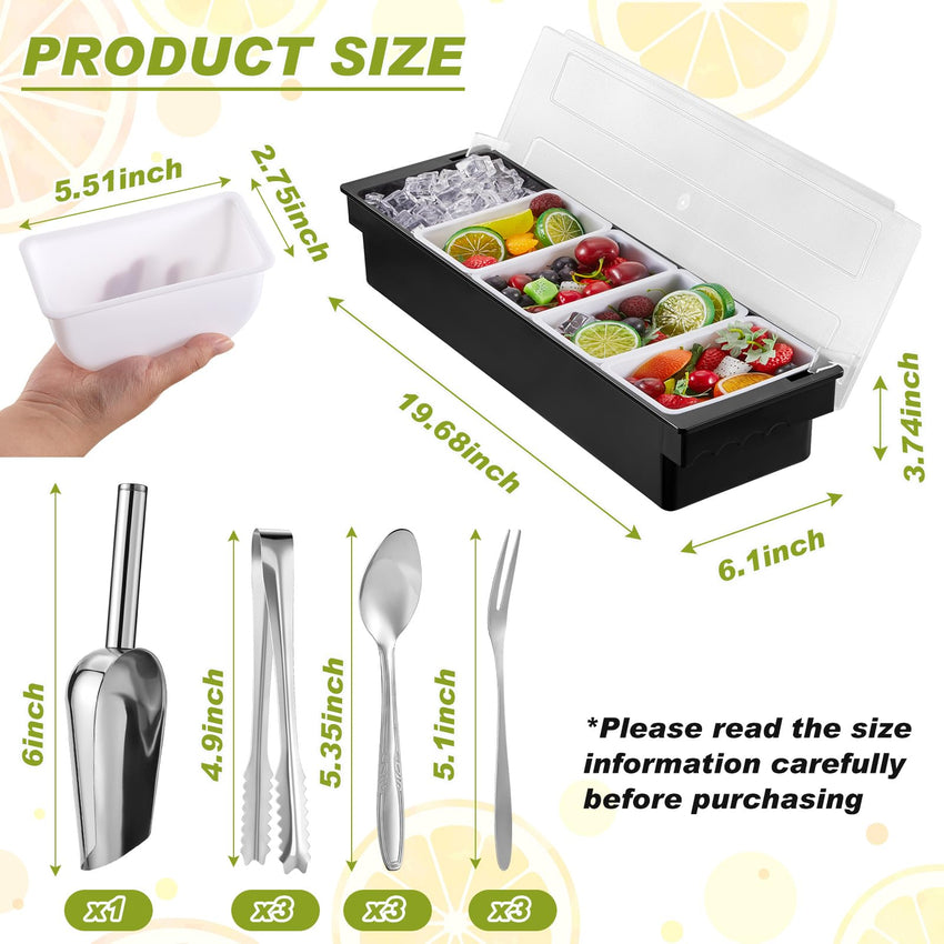 Tessco for you Garnish Tray with Lid Bar Caddy Ice Cooled Condiment Serving Container with Ice Scoop Metal Mini Serving Tongs Fruit Fork Spoons for Food Home Party Kitchen(Plastic,4 Grids) - 7DAY'S