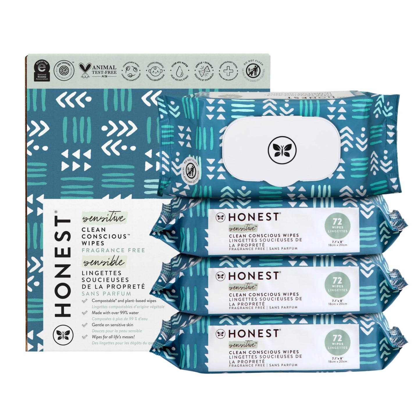 The Honest Company Clean Conscious Multi - Use Wipes | Hypoallergenic + Unscented for Sensitive Skin | Over 99% Water, Compostable, Plant Based, Baby Wipes | Geo Mood, 288 Count - 7DAY'S