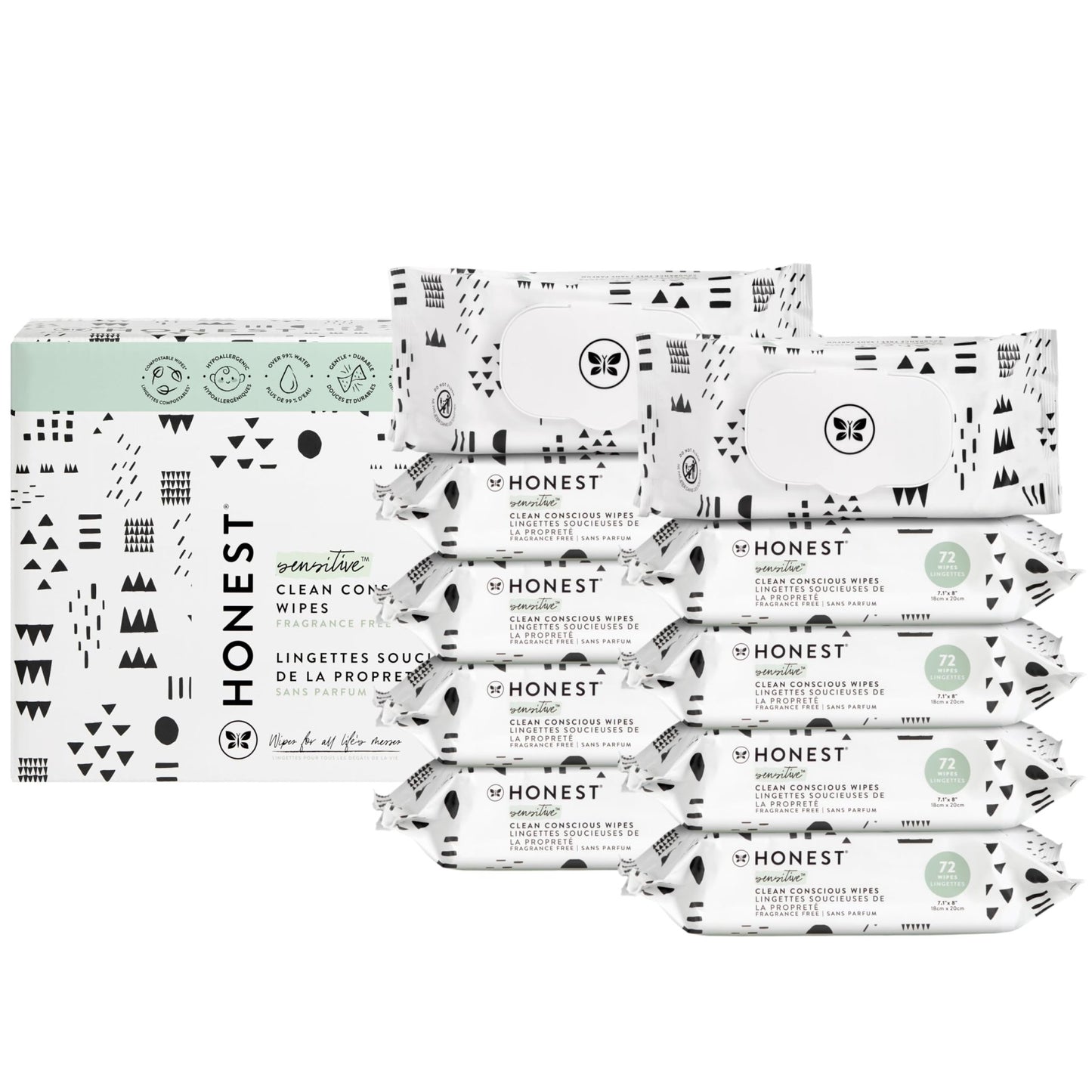 The Honest Company Clean Conscious Multi - Use Wipes | Hypoallergenic + Unscented for Sensitive Skin | Over 99% Water, Compostable, Plant Based, Baby Wipes | Geo Mood, 288 Count - 7DAY'S