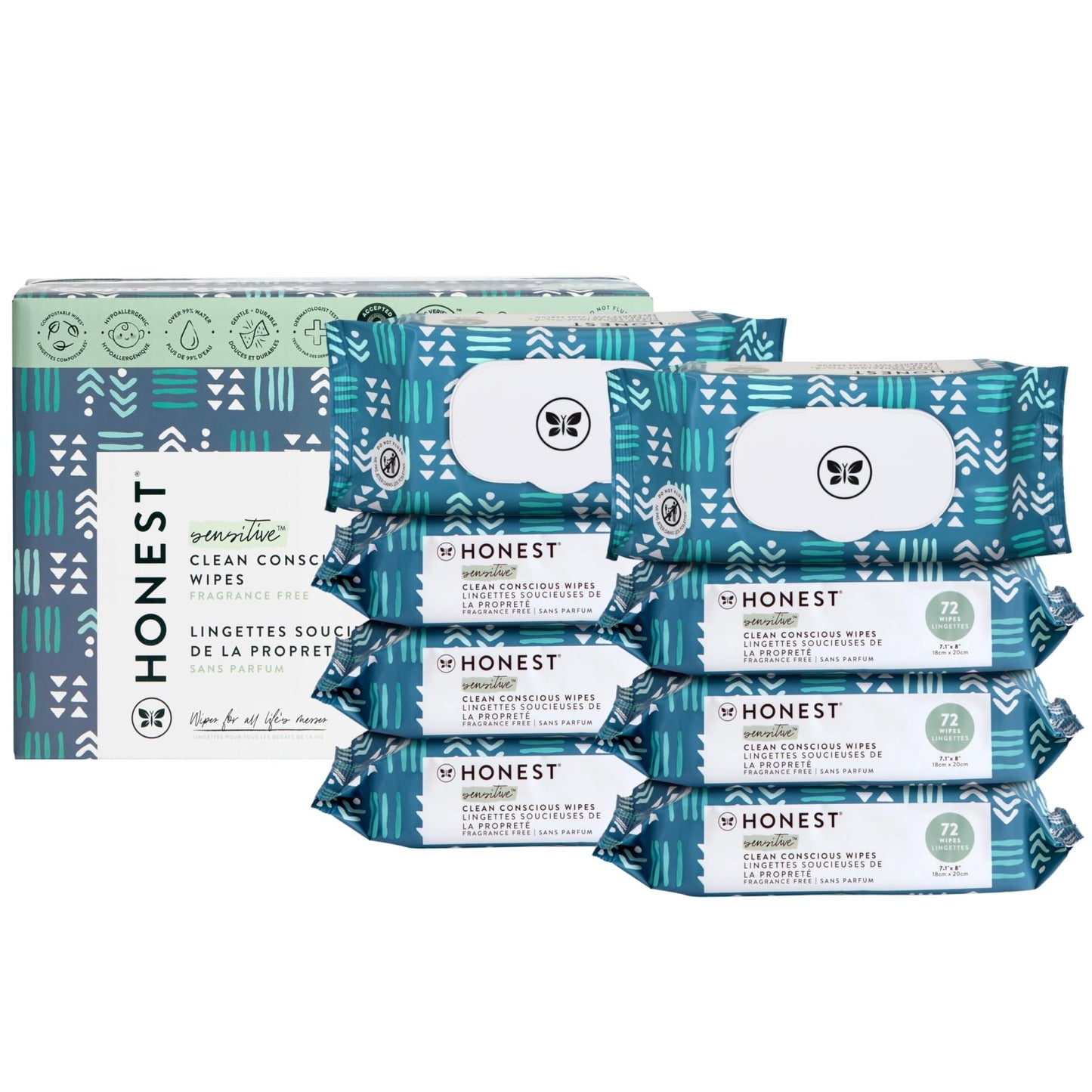 The Honest Company Clean Conscious Multi - Use Wipes | Hypoallergenic + Unscented for Sensitive Skin | Over 99% Water, Compostable, Plant Based, Baby Wipes | Geo Mood, 288 Count - 7DAY'S