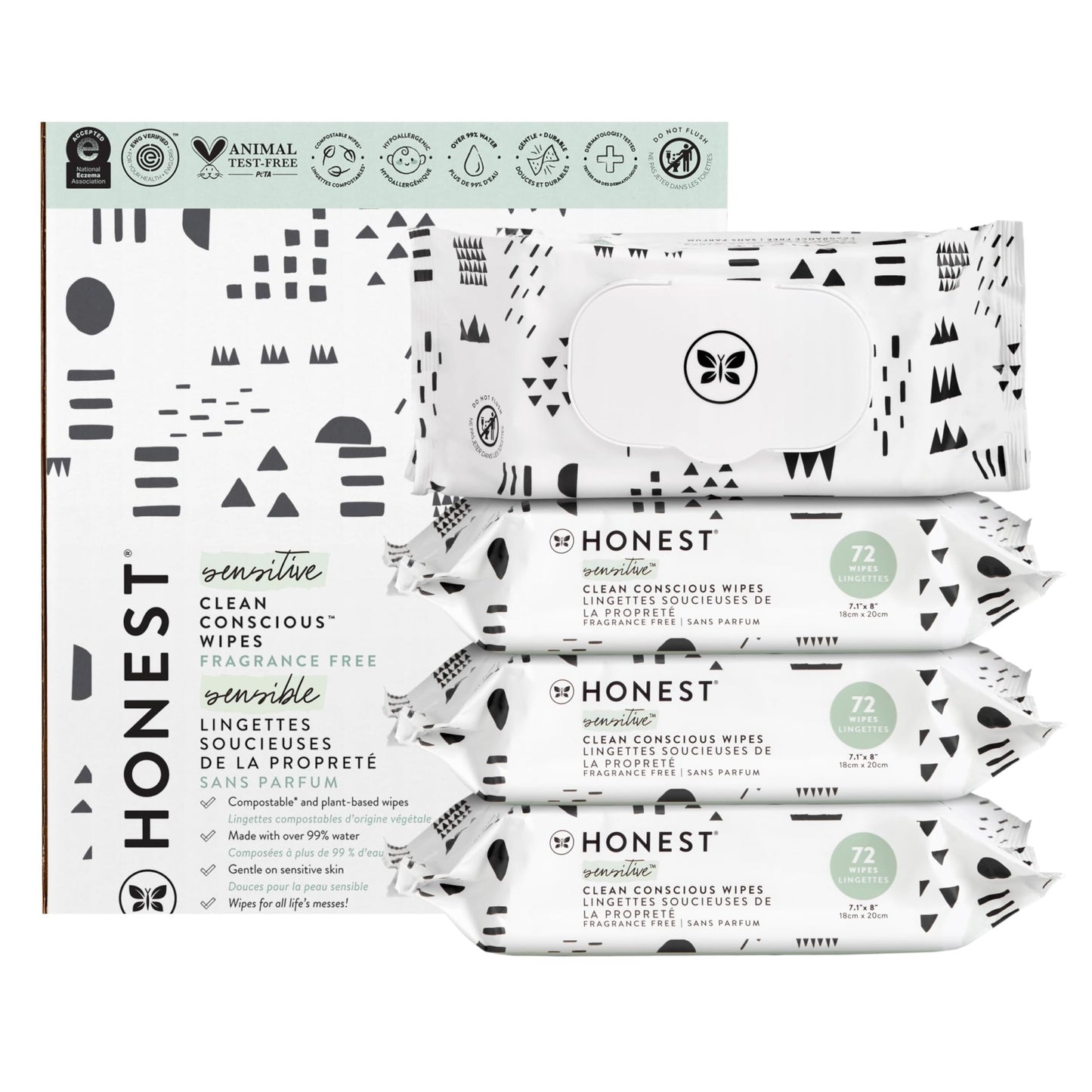 The Honest Company Clean Conscious Multi - Use Wipes | Hypoallergenic + Unscented for Sensitive Skin | Over 99% Water, Compostable, Plant Based, Baby Wipes | Geo Mood, 288 Count - 7DAY'S