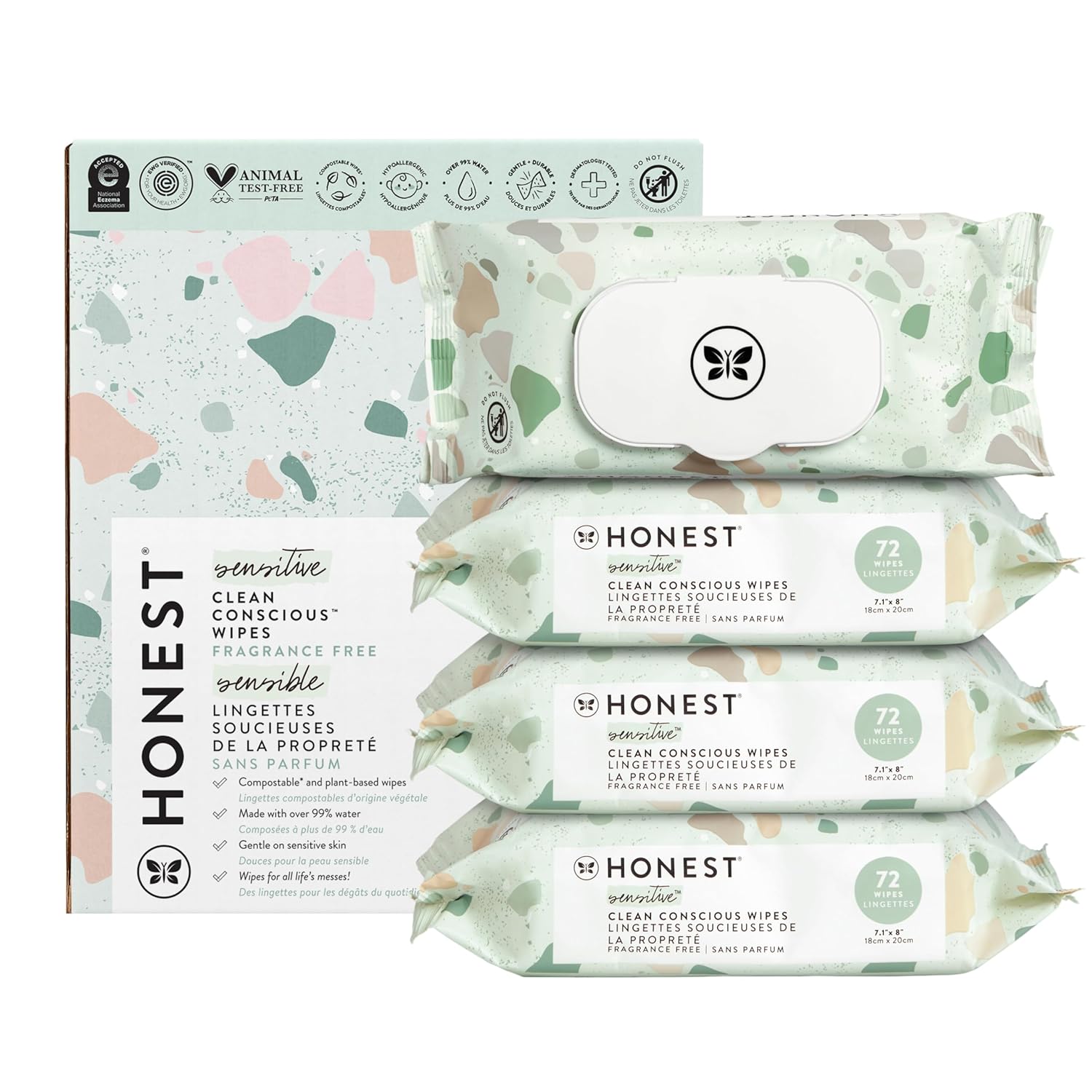 The Honest Company Clean Conscious Multi - Use Wipes | Hypoallergenic + Unscented for Sensitive Skin | Over 99% Water, Compostable, Plant Based, Baby Wipes | Geo Mood, 288 Count - 7DAY'S