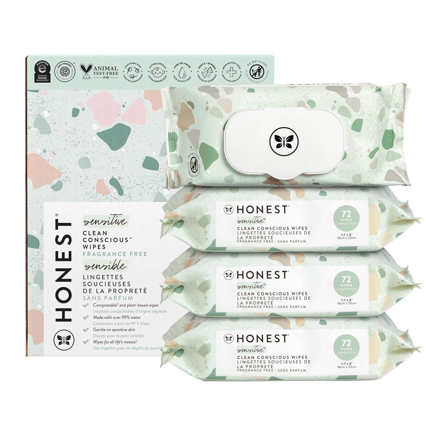 The Honest Company Clean Conscious Multi - Use Wipes | Hypoallergenic + Unscented for Sensitive Skin | Over 99% Water, Compostable, Plant Based, Baby Wipes | Geo Mood, 288 Count - 7DAY'S
