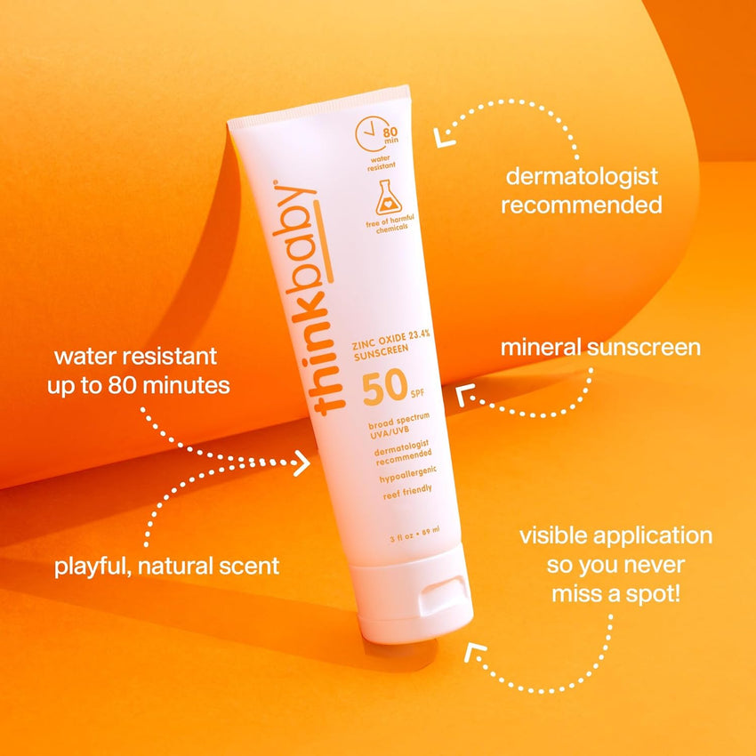 Thinkbaby SPF 50+ Baby Mineral Sunscreen – Safe, Natural Sunblock for Babies - Water Resistant Sun Cream – Broad Spectrum UVA/UVB Sun Protection – Vegan Baby Sunscreen Lotion, 3 Oz. - 7DAY'S
