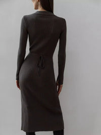 Tied Collared Neck Long Sleeve Sweater Dress - 7DAY'S