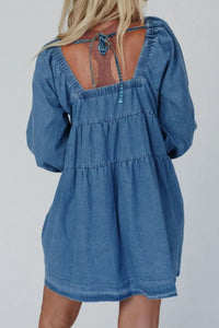 Tied Square Neck Long Sleeve Denim Dress with Pockets - 7DAY'S