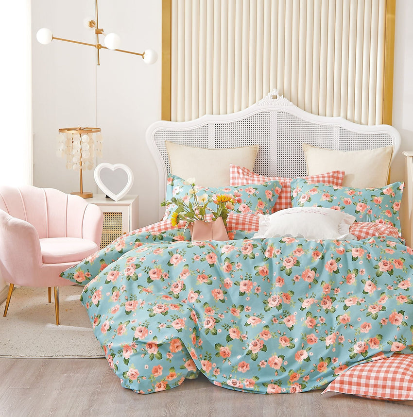 Tiffany Blue/Orange Rose 100% Cotton Reversible Comforter Set - 7DAY'S