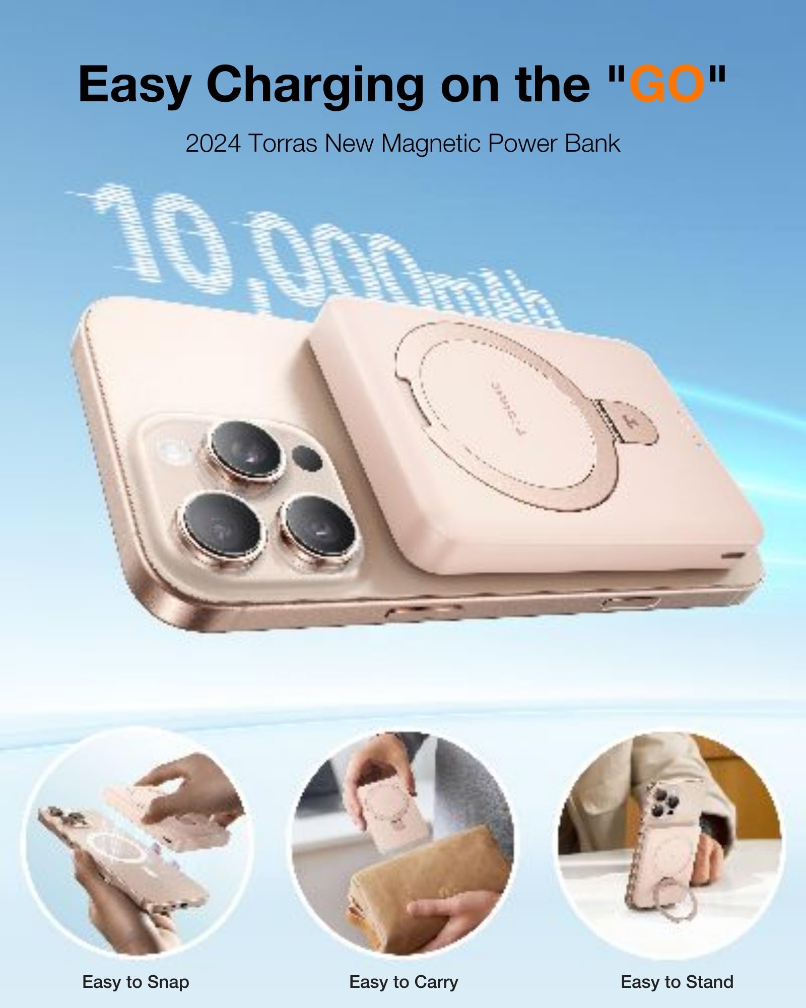 TORRAS 0.45" Slim Magnetic Portable Charger Power Bank for iPhone 5000 mAh 22.5W PD Fast Charging Wireless Battery Pack O Stand Compatible with Magsafe, i Phone 16 Pro Max, Pro,15,14,13,12, Black - 7DAY'S